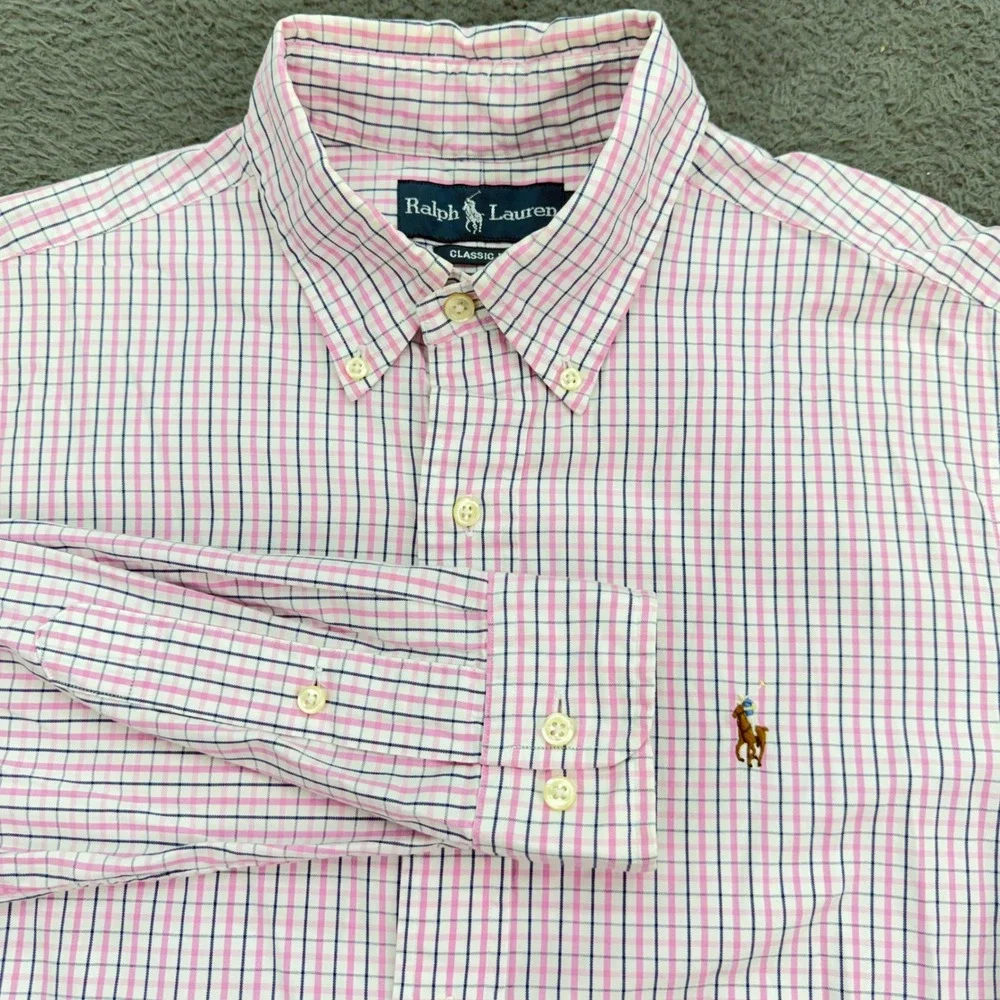 Ralph Lauren Button Down Shirt Mens 15.5 Pink Blue Check Classic Fit Long Sleeve